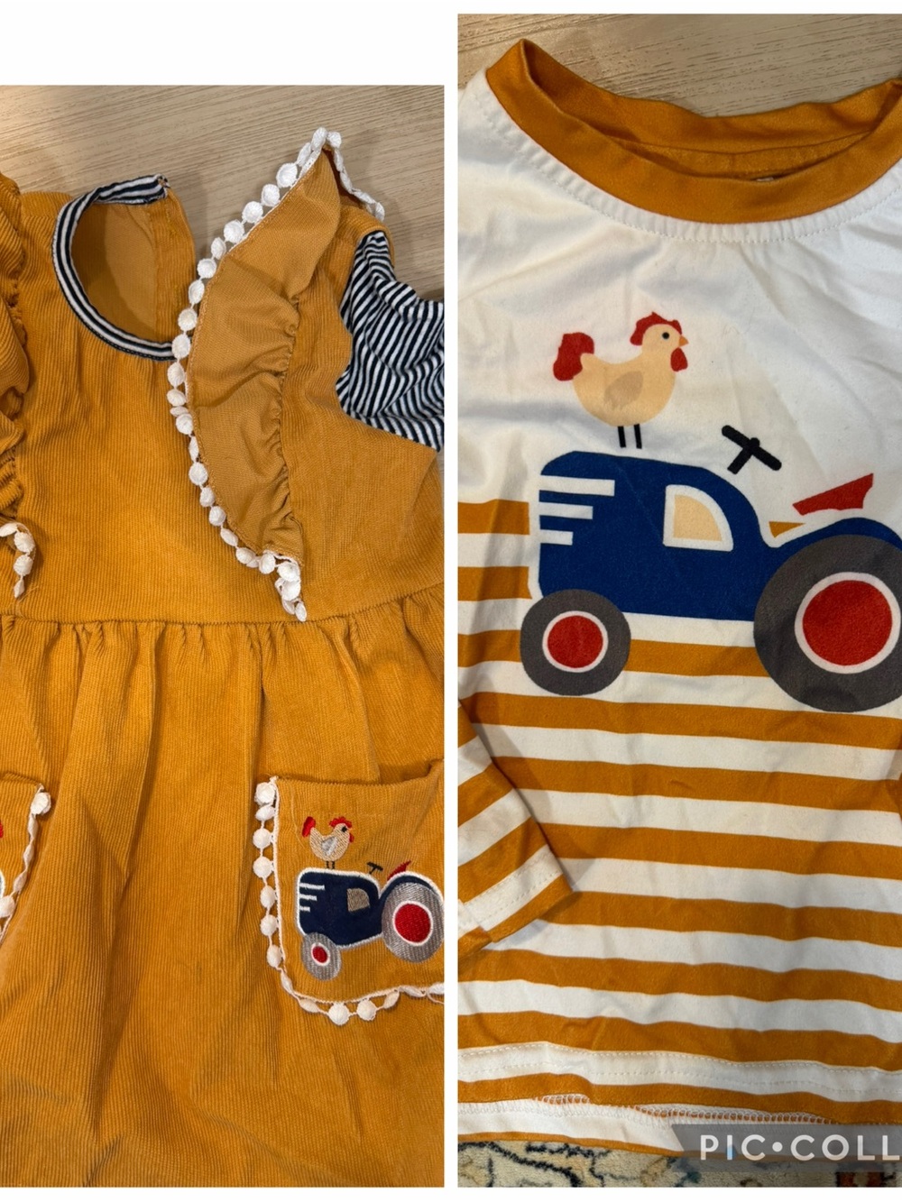 Twins boy girl matching Mustard Corduroy Pinafore Dress with Tractor 2-3t